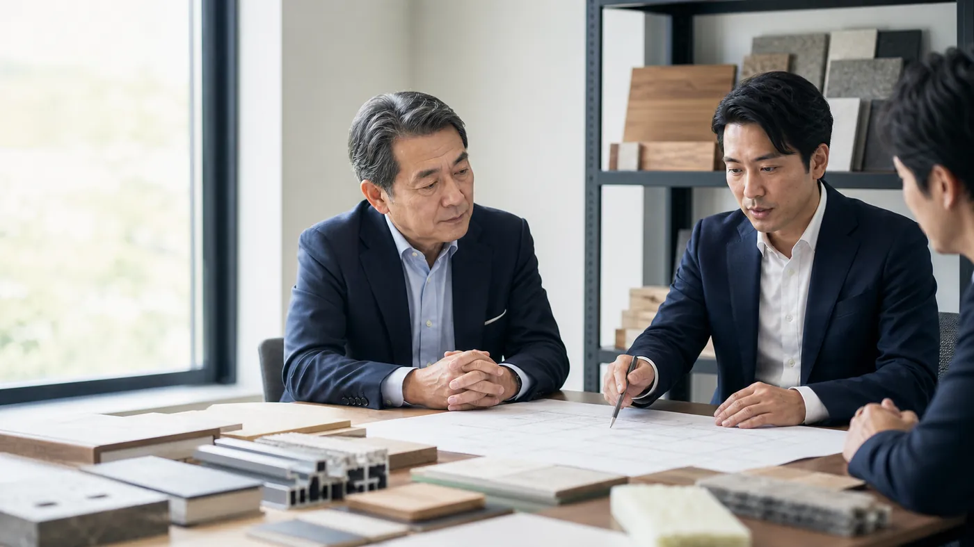 建材サンプルと図面を前に譲渡条件を相談する様子