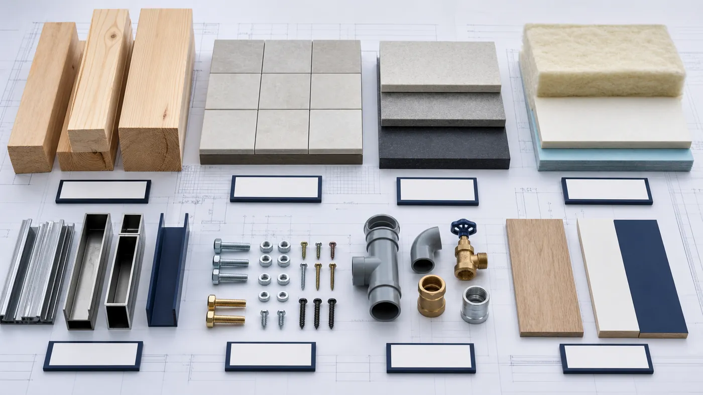 木材、タイル、断熱材、金物など建材カテゴリのサンプル