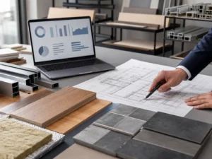 建材サンプル、図面、企業価値評価資料を机上で確認する様子