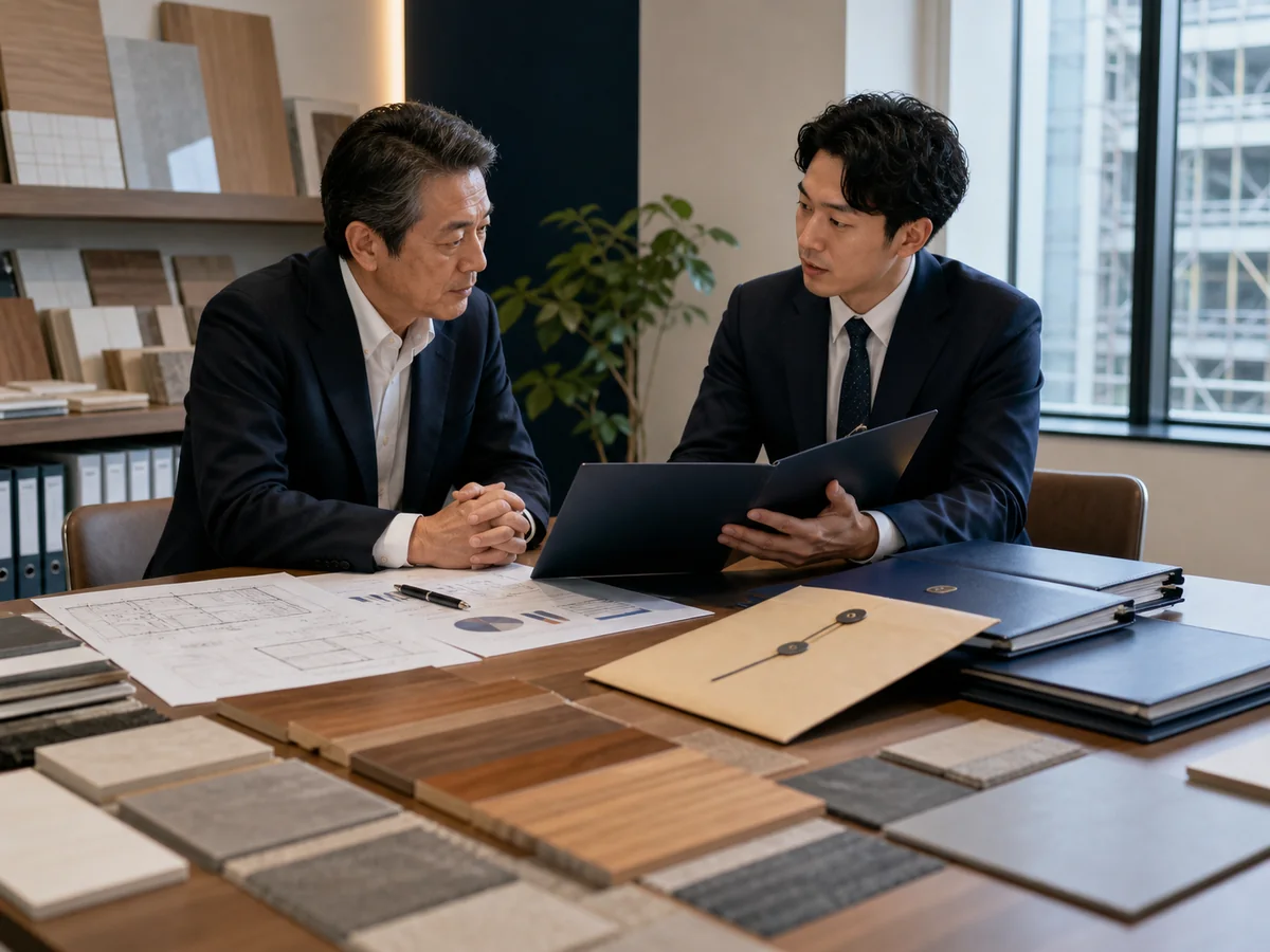 建材会社の秘密保持相談で資料を確認する経営者とアドバイザー