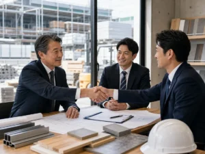 建材会社の事業承継で握手する経営者と候補先