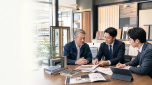 建材会社のM&A相談を行う経営者とアドバイザー
