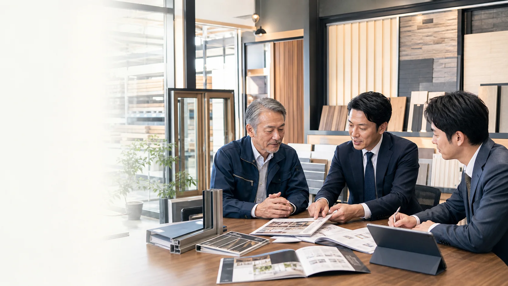 建材会社のM&A相談を行う経営者とアドバイザー