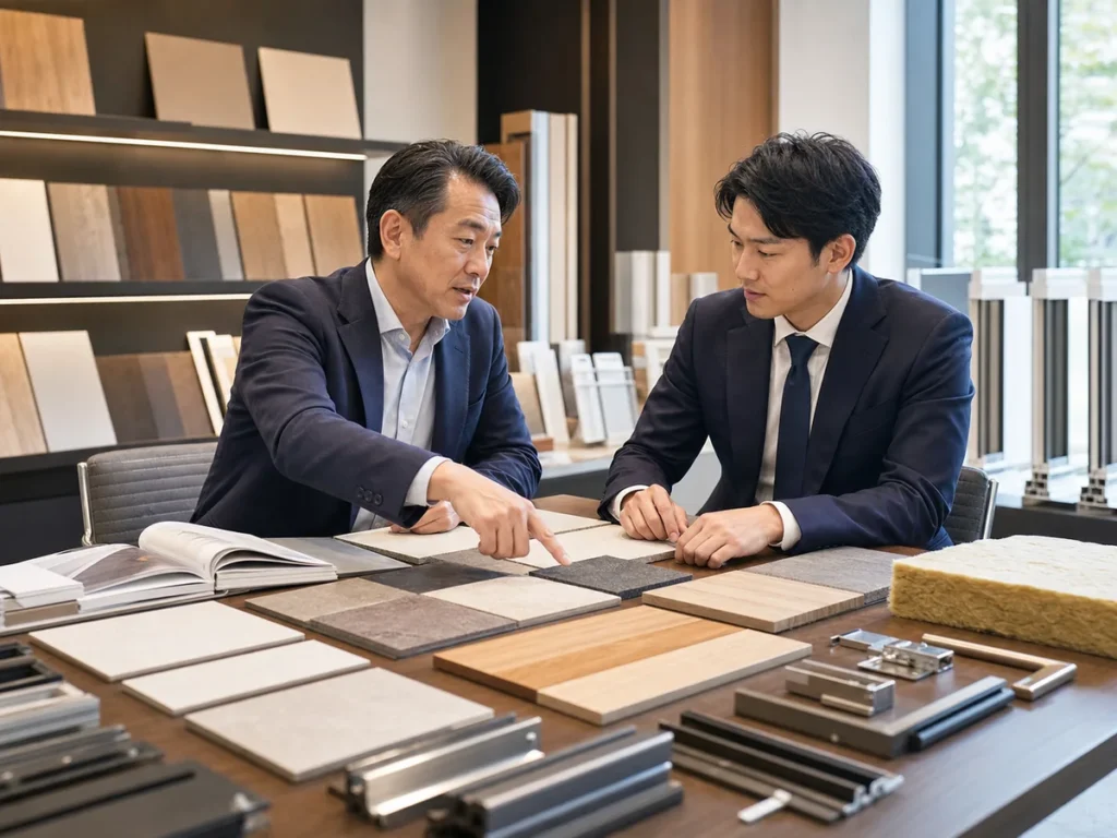 建材サンプルを確認しながら商流と事業価値を整理する相談風景