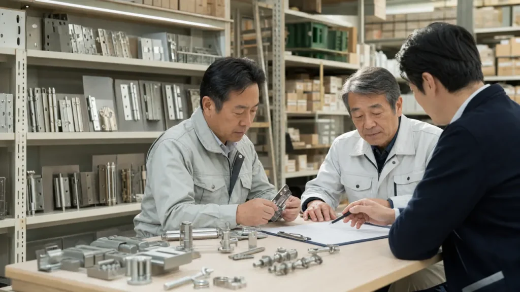 建築金物会社 M&Aに向け倉庫で金物サンプルと在庫承継を確認する経営者と専門家