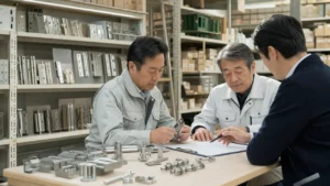 建築金物会社 M&Aに向け倉庫で金物サンプルと在庫承継を確認する経営者と専門家