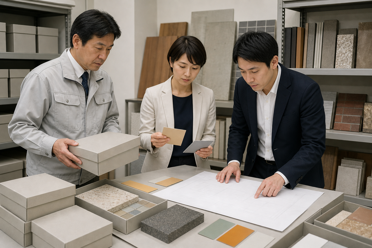 過去の建材サンプルと建物図面を確認して石綿リスクを調べる環境専門家と買い手担当者
