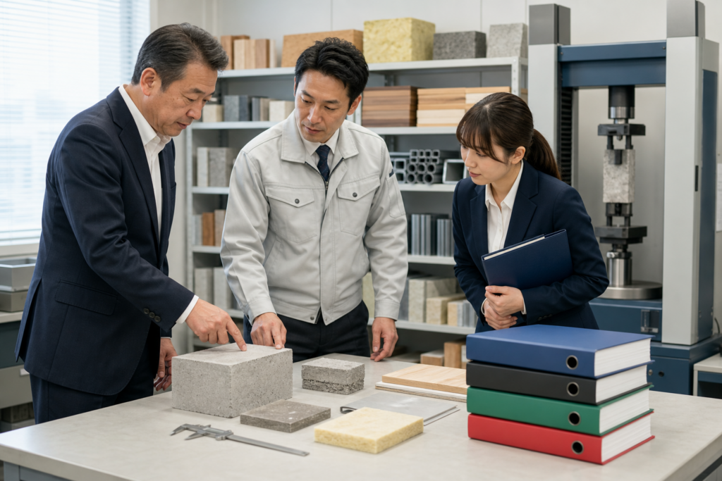 建材メーカーの品質試験室で認証資料と試験設備を確認する経営者と買い手担当者