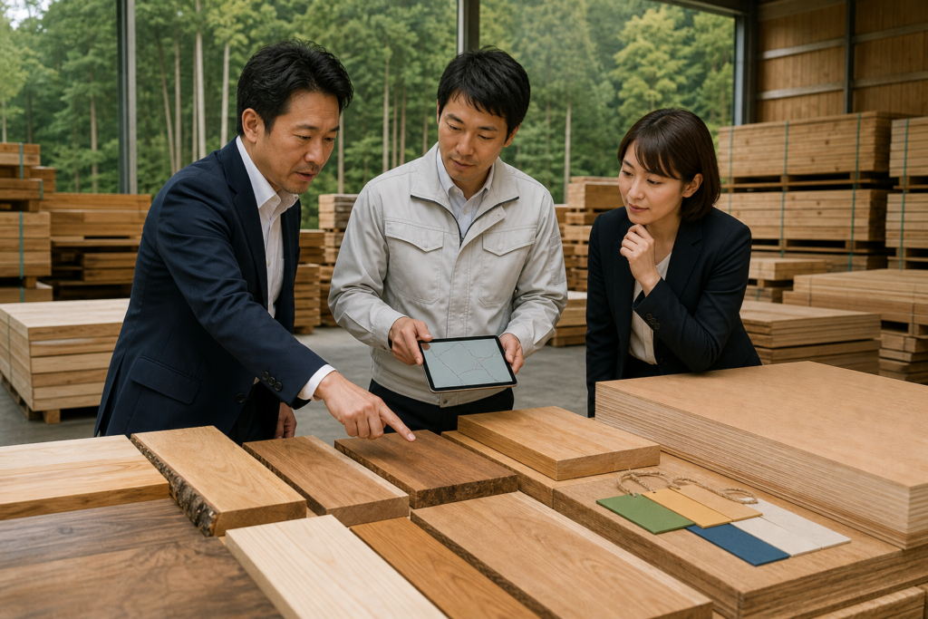 木材倉庫で合板と原材料情報のトレーサビリティを確認する調達責任者と買い手担当者