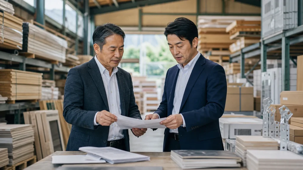 建材会社の倉庫で事業承継について資料を確認する経営者とM&Aアドバイザーの相談イメージ
