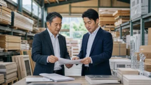 建材会社の倉庫で事業承継について資料を確認する経営者とM&Aアドバイザーの相談イメージ