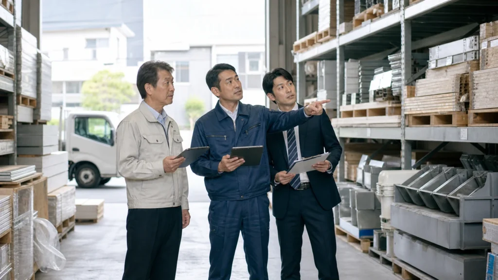 建材会社の倉庫で在庫、物流、現場運営の引継ぎ事項を確認する経営者、現場責任者、M&Aアドバイザーのイメージ