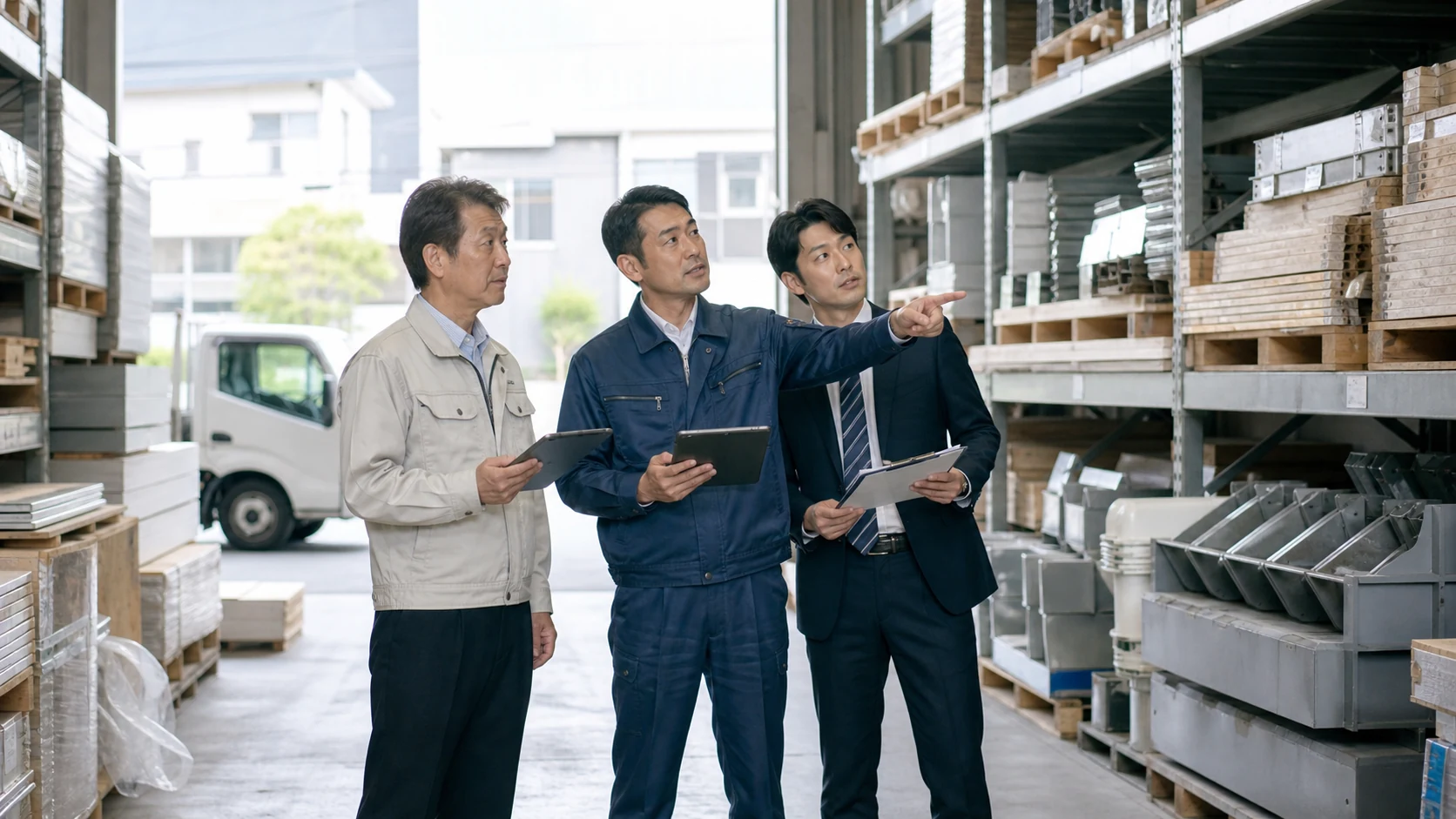 建材会社の倉庫で在庫、物流、現場運営の引継ぎ事項を確認する経営者、現場責任者、M&Aアドバイザーのイメージ