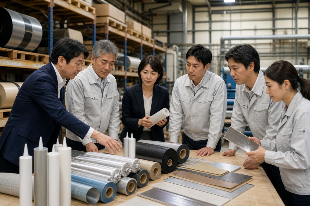 杉田エースによるフヨー完全子会社化で防水材と粘着加工品を確認する編集写真
